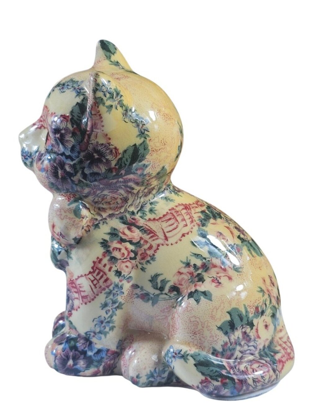 Decoupage Glazed Kitty Cat Ceramic Figurine Country Floral Fabric 7x6" Vintage - Picture 4 of 7